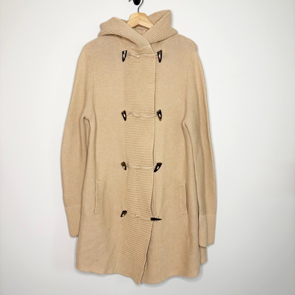 Lands End Hooded Toggle Cardigan Sweater Large 14-16 Beige Tan Cotton Knit Heavy